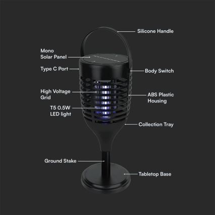 LED Saulės energijos vabzdžių gaudyklė 3in1 LED/1,3W/3,7V IP24 20 mm 2200 mAh