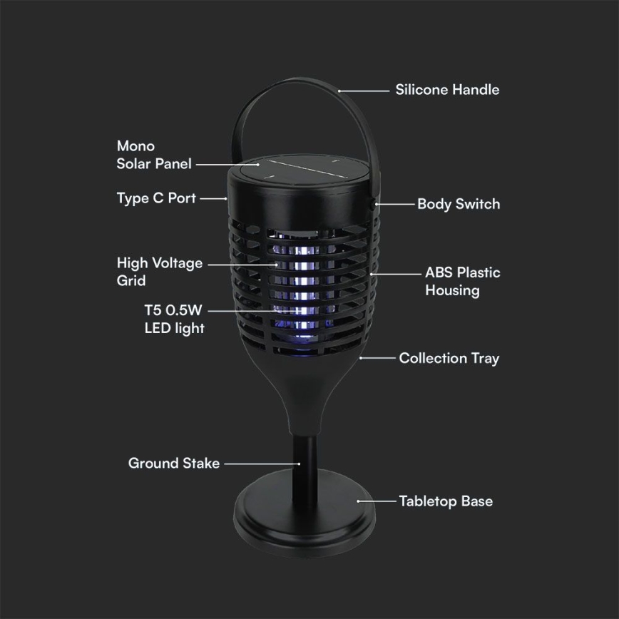 LED Saulės energijos vabzdžių gaudyklė 3in1 LED/1,3W/3,7V IP24 20 mm 2200 mAh