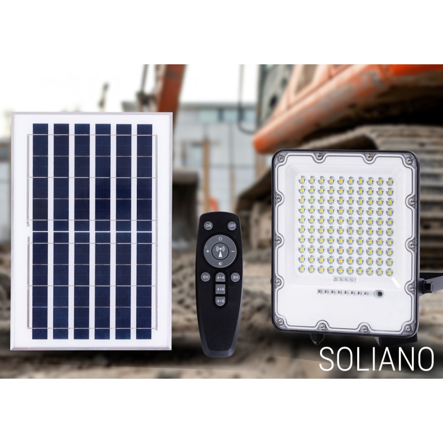 LED lauko prožektorius su reguliuojamu pritemdymu, saulės energija varomas, LED/100W/3,2V 4500K IP65, juodas + nuotolinio valdymo pultas