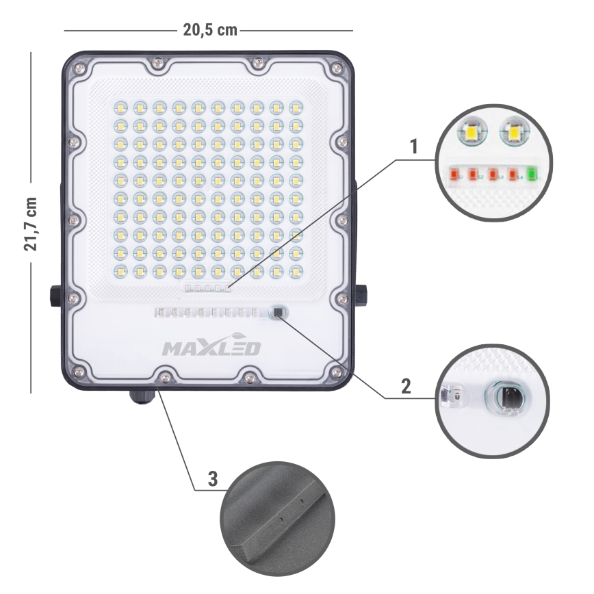 LED lauko prožektorius su reguliuojamu pritemdymu, saulės energija varomas, LED/100W/3,2V 4500K IP65, juodas + nuotolinio valdymo pultas