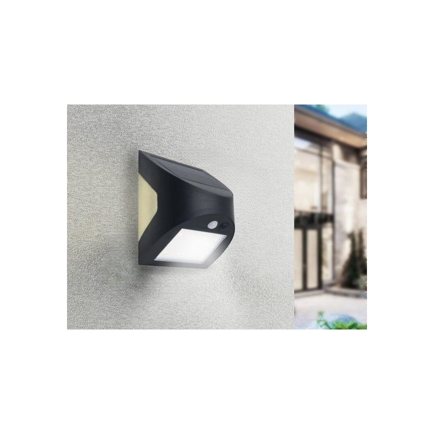 LED saulės sieninis šviestuvas su jutikliu LED/3W/3,7V 3000/4000K 1200 mAh IP54 juodas