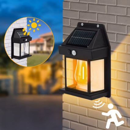 LED saulės sieninis šviestuvas su jutikliu LED/3,7V 600 mAh IP44 juodas
