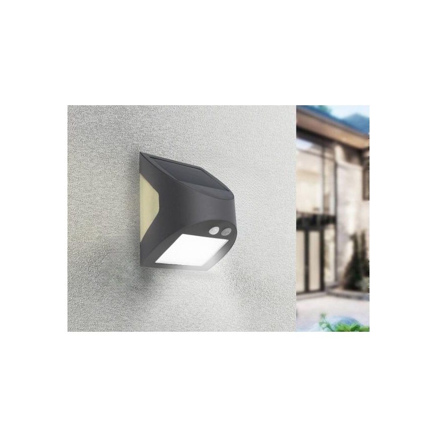LED saulės sieninis šviestuvas su jutikliu LED/3W/3,7V 3000/4000K 1200 mAh IP54 antracitas