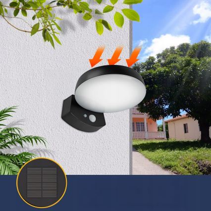 Reguliuojamas LED saulės energijos sieninis šviestuvas su jutikliu LED/3W/3,7V 1800 mAh IP54 juodas