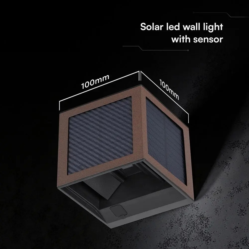 LED saulės sieninis šviestuvas su jutikliu LED/9W/3,7V 3000/4000/6000K IP65 2600 mAh ruda