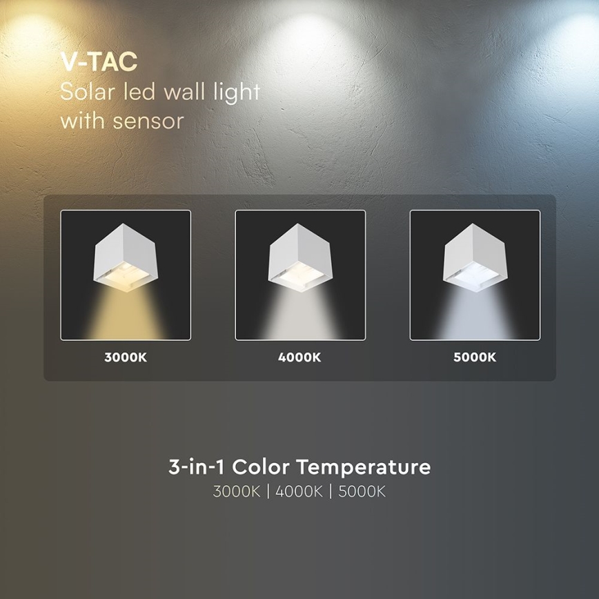 LED saulės lauko sieninis šviestuvas su jutikliu LED/9W/5V 3000/4000/5000K IP65 2600 mAh baltas