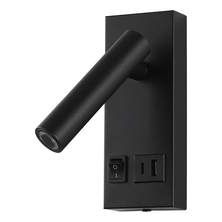 LED sieninis akcentinis šviestuvas su USB LED/2W/230V juoda