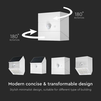 Saulės energija maitinamas LED sieninis šviestuvas su jutikliu LED/2,5W/3,7V 3000/4000/6000K IP65 1200 mAh balta