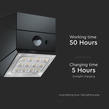 LED sieninis saulės šviestuvas su jutikliu LED/2,5W/3,7V 3000/4000/6000K IP65 1200 mAh juoda