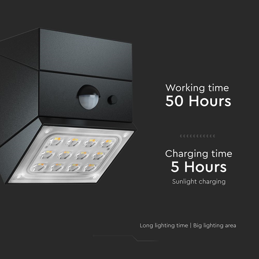 LED sieninis saulės šviestuvas su jutikliu LED/2,5W/3,7V 3000/4000/6000K IP65 1200 mAh juoda