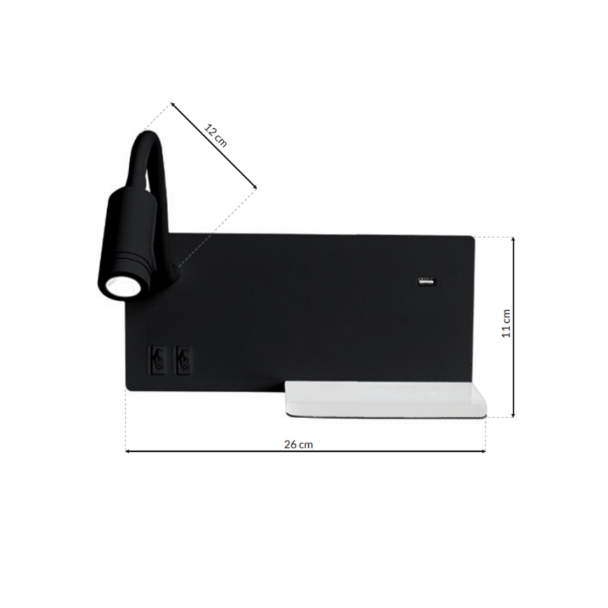 LED Sieninis šviestuvas SHELF 1xLED/4W+1xLED/5W+1xLED/2W/230V juodas