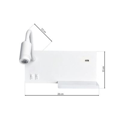 LED Sieninis šviestuvas SHELF 1xLED/4W+1xLED/5W+1xLED/2W/230V + USB jungtis balta