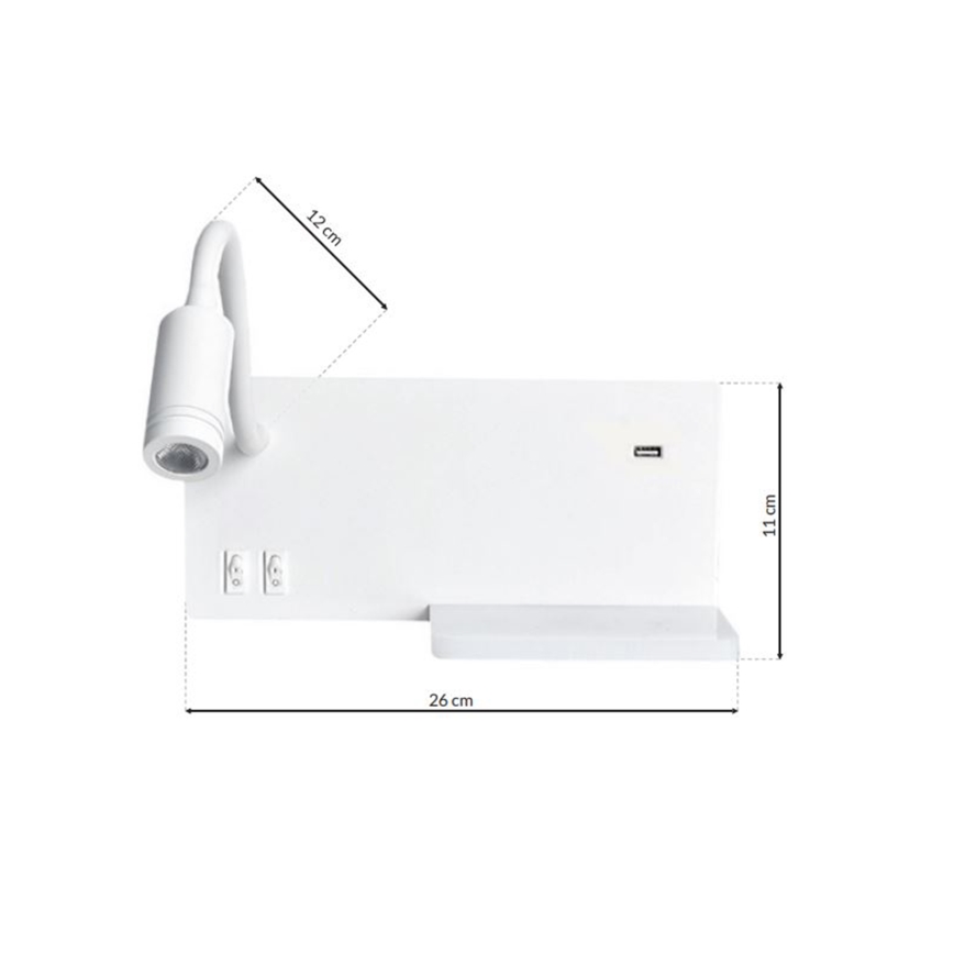 LED Sieninis šviestuvas SHELF 1xLED/4W+1xLED/5W+1xLED/2W/230V + USB jungtis balta