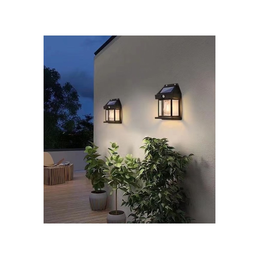 LED sieninis šviestuvas su jutikliu, įkraunamas saulės energija LANTER LED/1W/3,7V 1200 mAh IP44 juoda