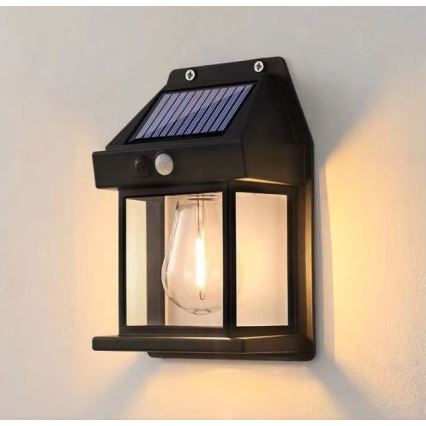 LED sieninis šviestuvas su jutikliu, įkraunamas saulės energija LANTER LED/1W/3,7V 1200 mAh IP44 juoda