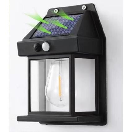 LED sieninis šviestuvas su jutikliu, įkraunamas saulės energija LANTER LED/1W/3,7V 1200 mAh IP44 juoda
