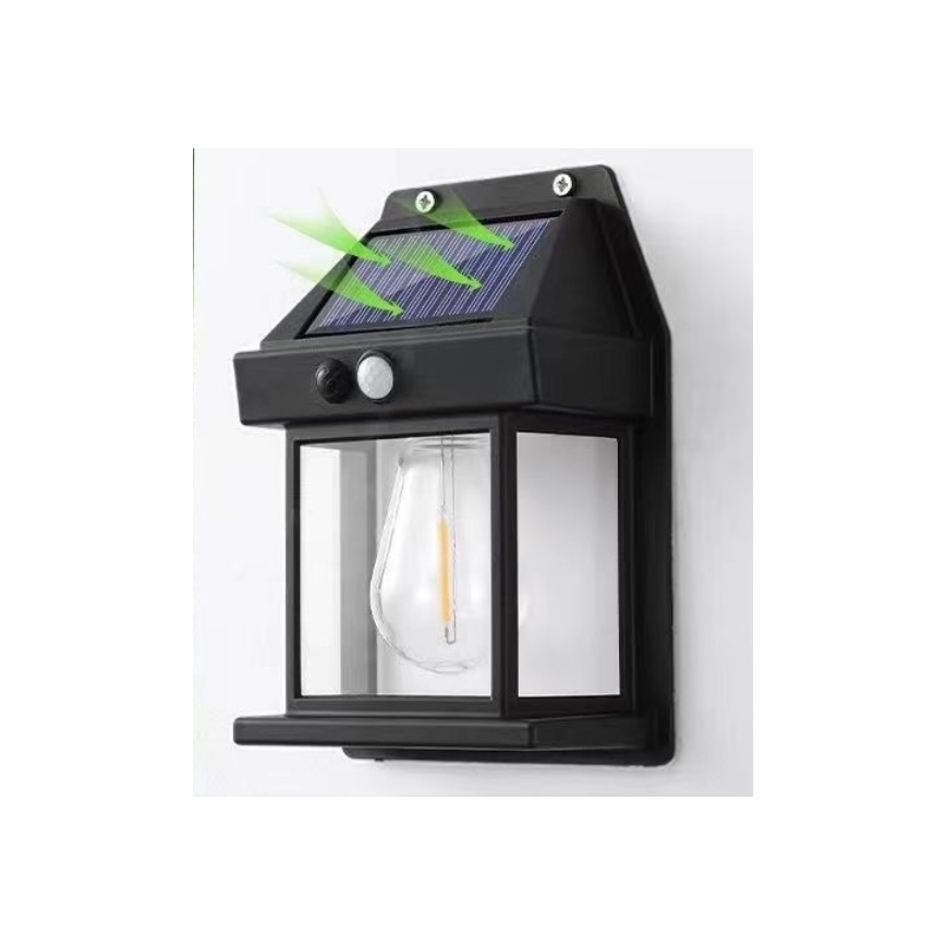 LED sieninis šviestuvas su jutikliu, įkraunamas saulės energija LANTER LED/1W/3,7V 1200 mAh IP44 juoda
