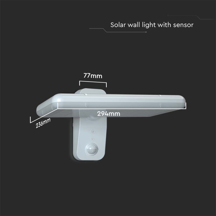 LED sieninis šviestuvas su jutikliu, įkraunamas saulės energija LED/15W/3,2V 4000K/6000K IP65 6000 mAh balta