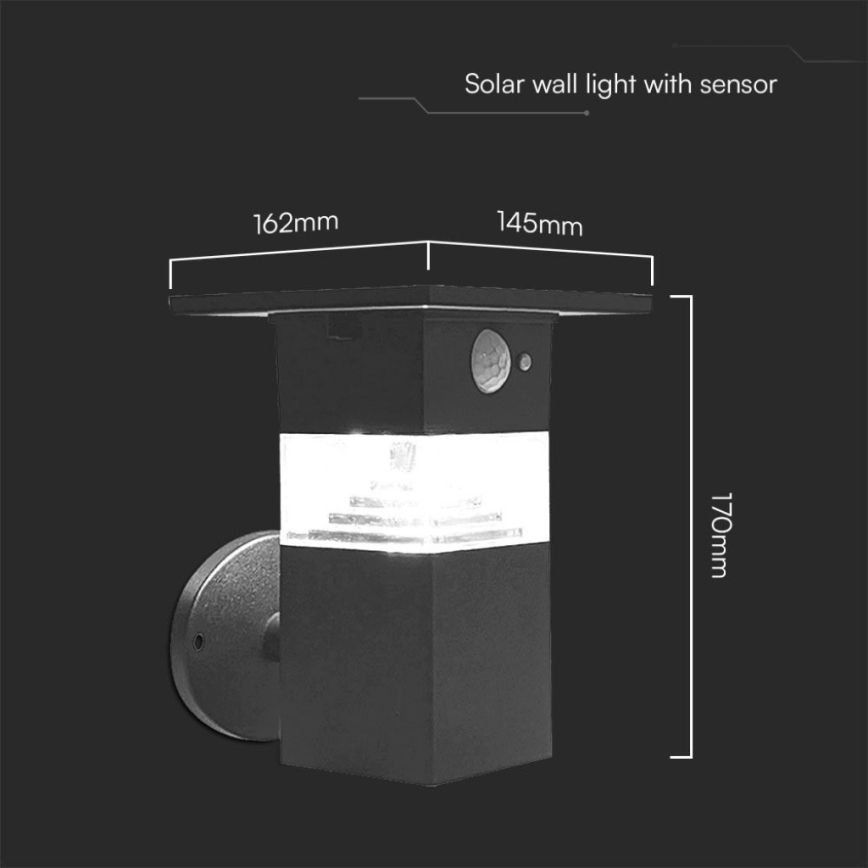 LED sieninis šviestuvas su jutikliu, įkraunamas saulės energija LED/2,5W/3,7V IP54 3000K 2200 mAh