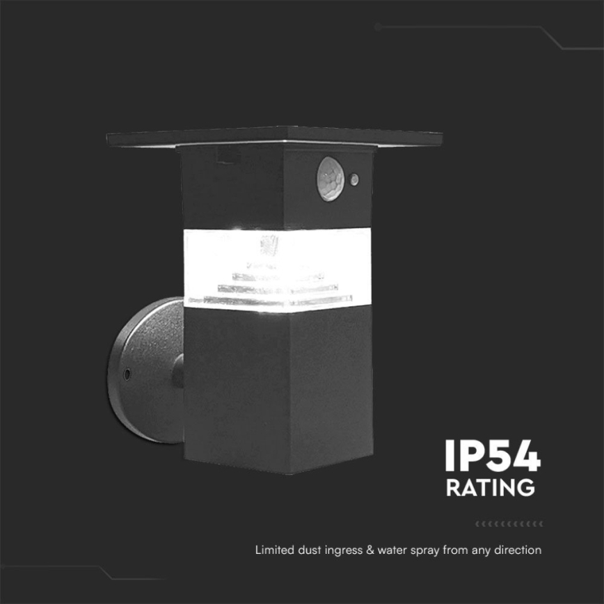 LED sieninis šviestuvas su jutikliu, įkraunamas saulės energija LED/2,5W/3,7V IP54 3000K