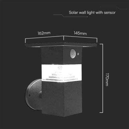 LED sieninis šviestuvas su jutikliu, įkraunamas saulės energija LED/2,5W/3,7V IP54 3000K