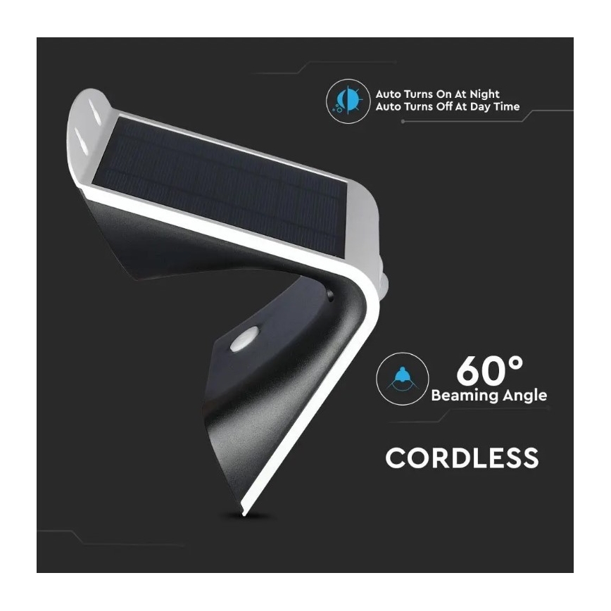LED sieninis šviestuvas su jutikliu, įkraunamas saulės energija LED/3W/3,7V 3000/4000K IP65 2000 mAh balta