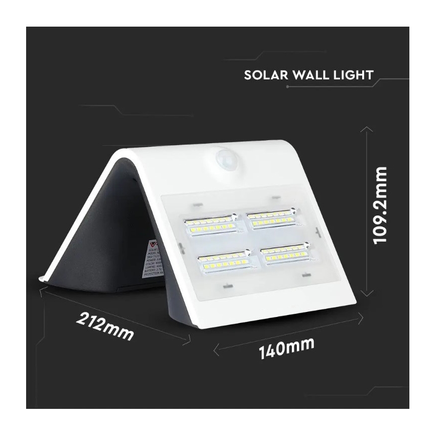 LED sieninis šviestuvas su jutikliu, įkraunamas saulės energija LED/3W/3,7V 3000/4000K IP65 2000 mAh balta
