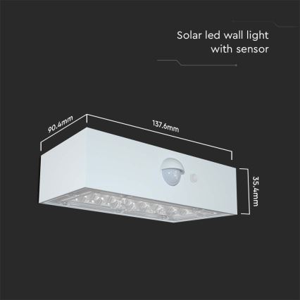 LED sieninis šviestuvas su jutikliu, įkraunamas saulės energija LED/3W/3,7V 3000K/4000K IP65 balta