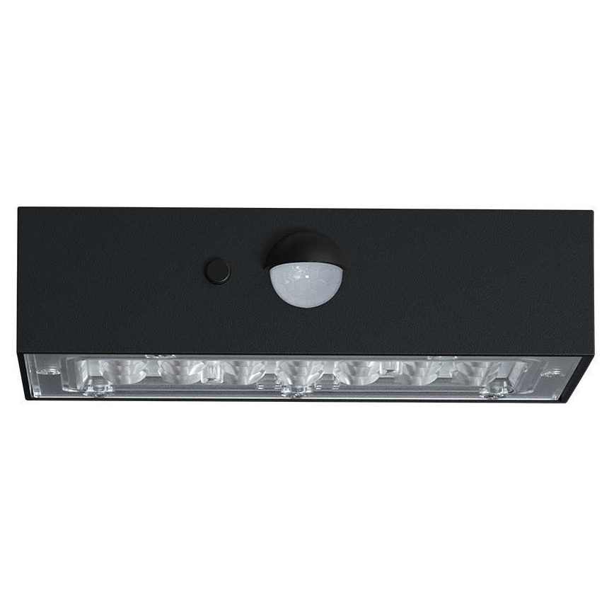 LED sieninis šviestuvas su jutikliu, įkraunamas saulės energija LED/3W/3,7V 3000K/4000K IP65 juoda