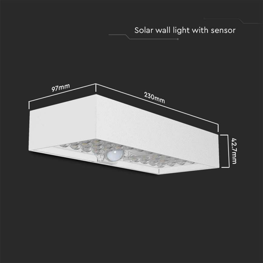 LED sieninis šviestuvas su jutikliu, įkraunamas saulės energija LED/6W/3,7V IP65 4000K 3000 mAh balta