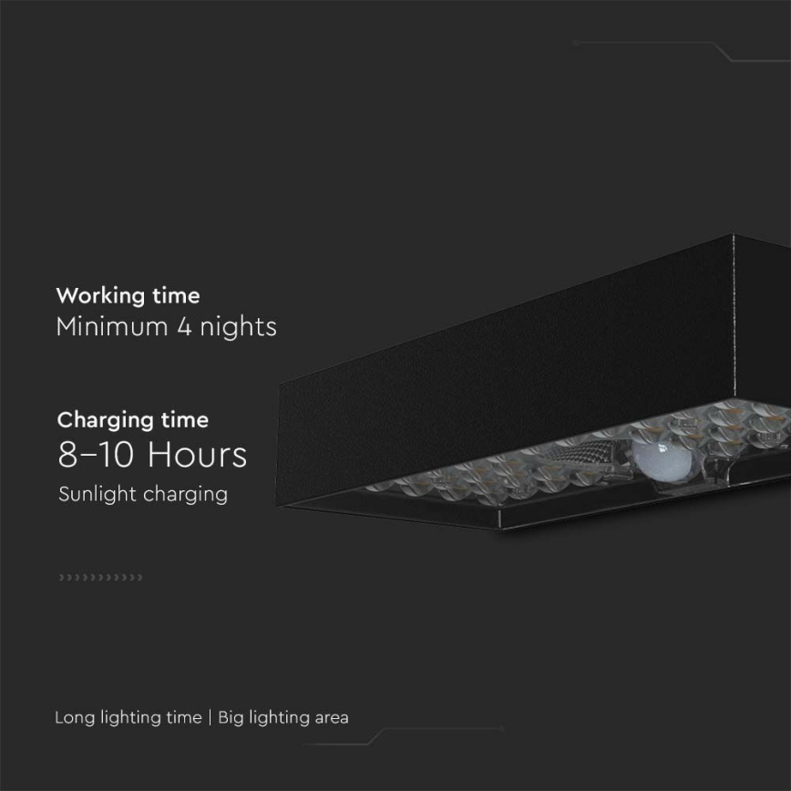 LED sieninis šviestuvas su jutikliu, įkraunamas saulės energija LED/6W/3,7V IP65 4000K 3000 mAh juoda