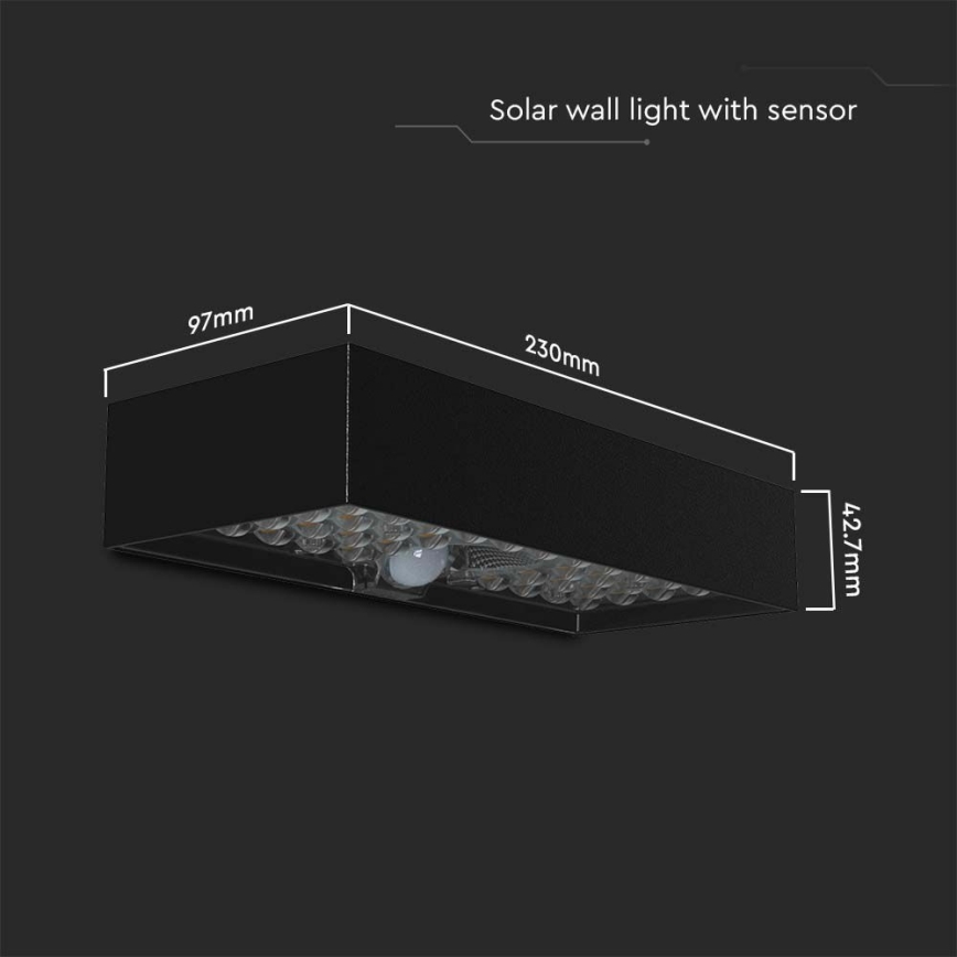 LED sieninis šviestuvas su jutikliu, įkraunamas saulės energija LED/6W/3,7V IP65 4000K 3000 mAh juoda