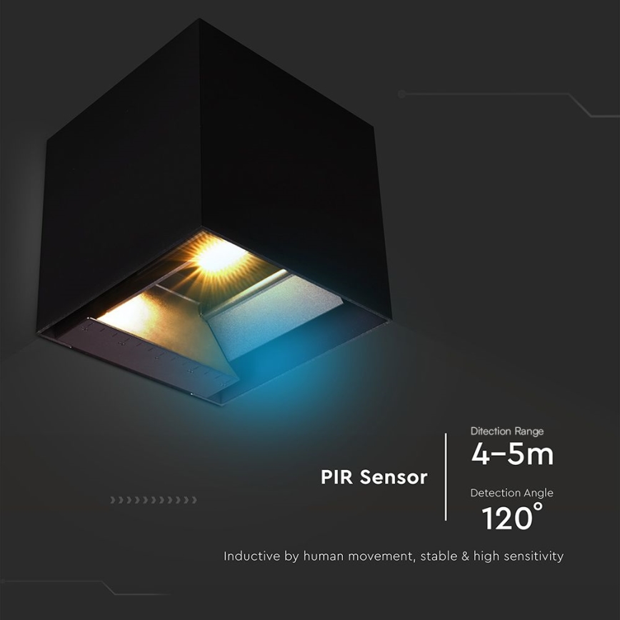 LED sieninis šviestuvas su jutikliu, įkraunamas saulės energija LED/9W/3,7V 3000/4000/5000K 2600 mAh IP65 juoda