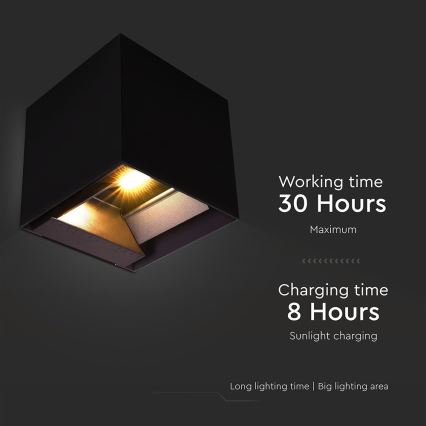 LED sieninis šviestuvas su jutikliu, įkraunamas saulės energija LED/9W/3,7V 3000/4000/5000K 2600 mAh IP65 juoda