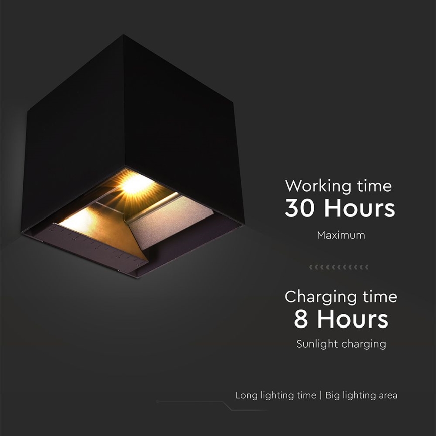 LED sieninis šviestuvas su jutikliu, įkraunamas saulės energija LED/9W/3,7V 3000/4000/5000K 2600 mAh IP65 juoda