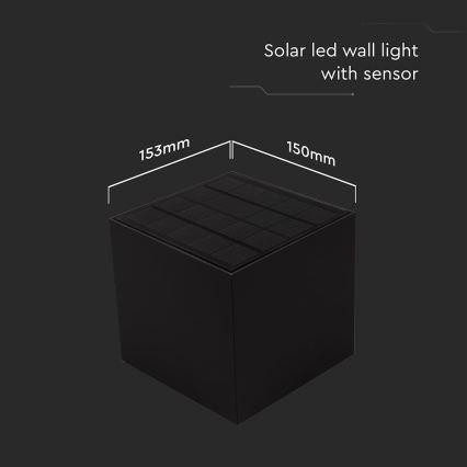 LED sieninis šviestuvas su jutikliu, įkraunamas saulės energija LED/9W/3,7V 3000/4000/5000K 2600 mAh IP65 juoda