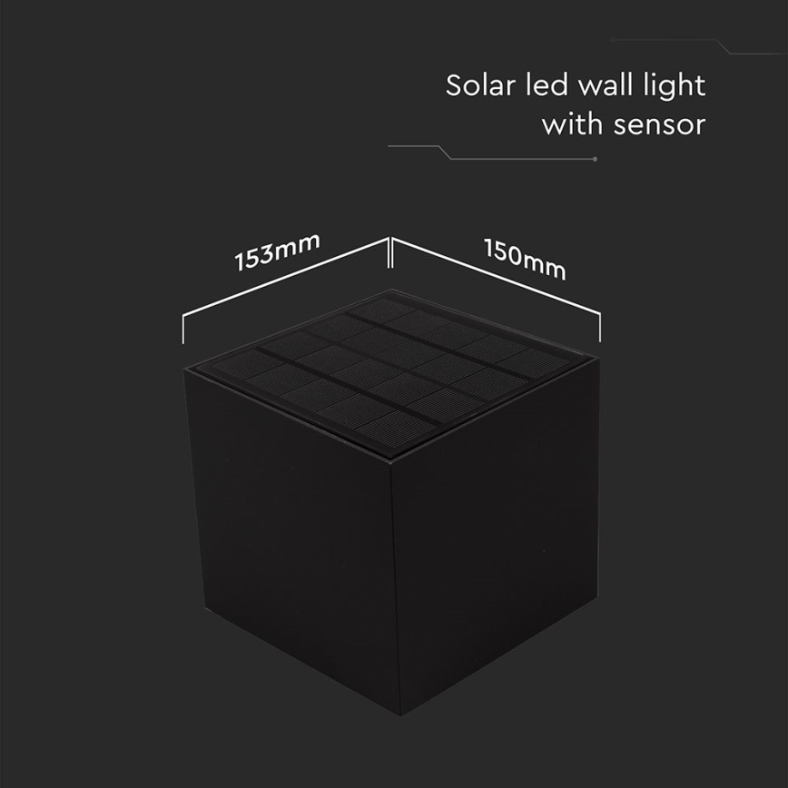 LED sieninis šviestuvas su jutikliu, įkraunamas saulės energija LED/9W/3,7V 3000/4000/5000K 2600 mAh IP65 juoda