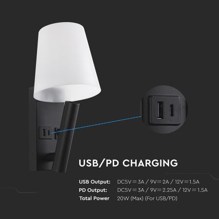 LED sieninis šviestuvas su USB prievadu, 2 W, 230 V, 3000 K, juodas/baltas