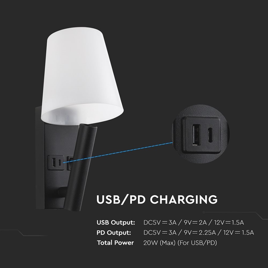 LED sieninis šviestuvas su USB prievadu, 2 W, 230 V, 3000 K, juodas/baltas