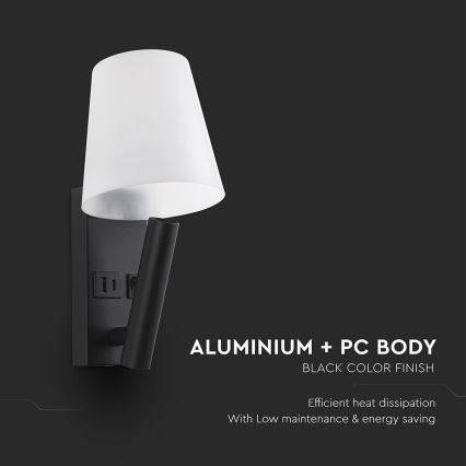 LED sieninis šviestuvas su USB prievadu, 2 W, 230 V, 3000 K, juodas/baltas