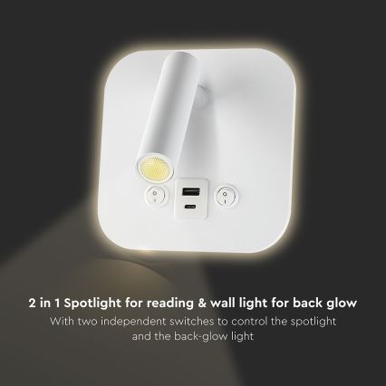 LED sieninis taškinis šviestuvas su USB prievadu, 8 W / 230 V / 3000 K, balta