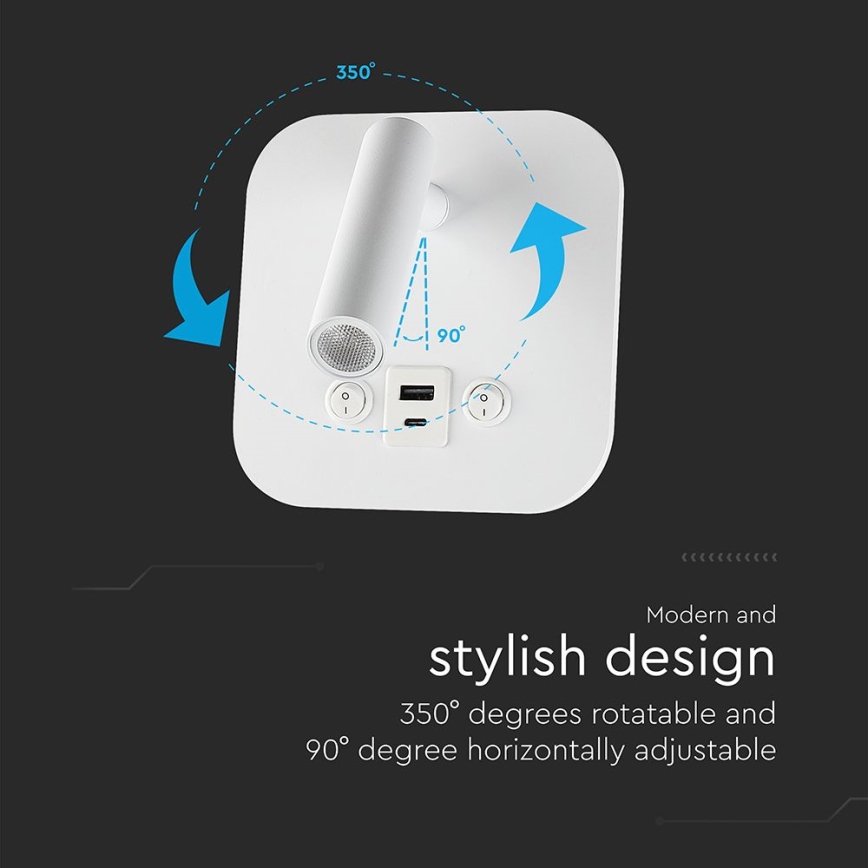 LED sieninis taškinis šviestuvas su USB prievadu, 8 W / 230 V / 3000 K, balta