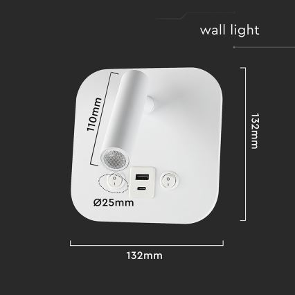 LED sieninis taškinis šviestuvas su USB prievadu, 8 W / 230 V / 3000 K, balta