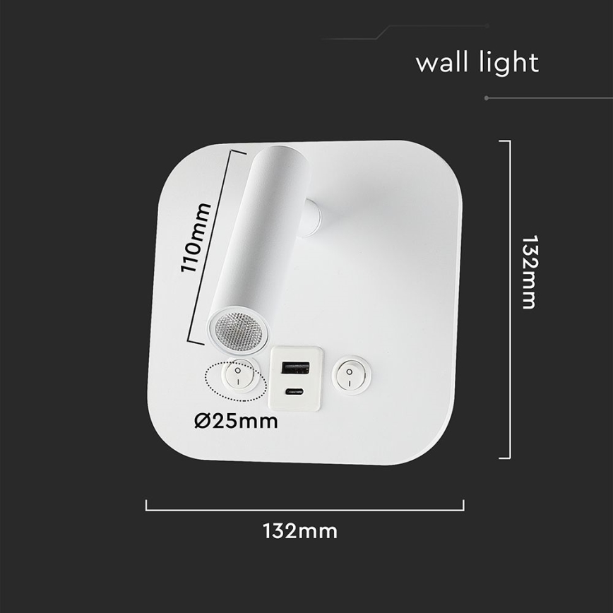 LED sieninis taškinis šviestuvas su USB prievadu, 8 W / 230 V / 3000 K, balta