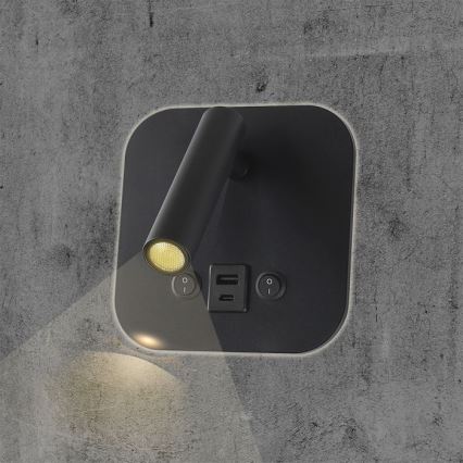 LED sieninis taškinis šviestuvas su USB prievadu LED/8W/230V 3000K juodas