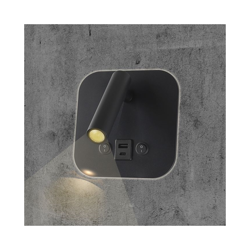 LED sieninis taškinis šviestuvas su USB prievadu LED/8W/230V 3000K juodas