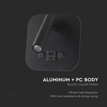 LED sieninis taškinis šviestuvas su USB prievadu LED/8W/230V 3000K juodas