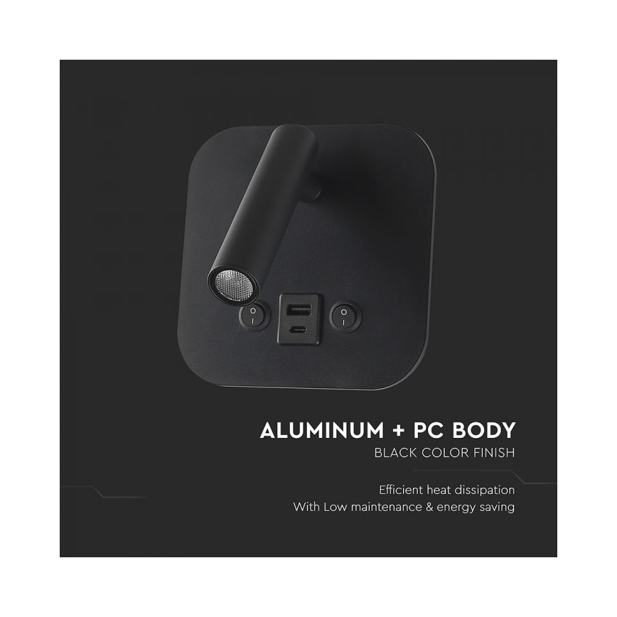 LED sieninis taškinis šviestuvas su USB prievadu LED/8W/230V 3000K juodas