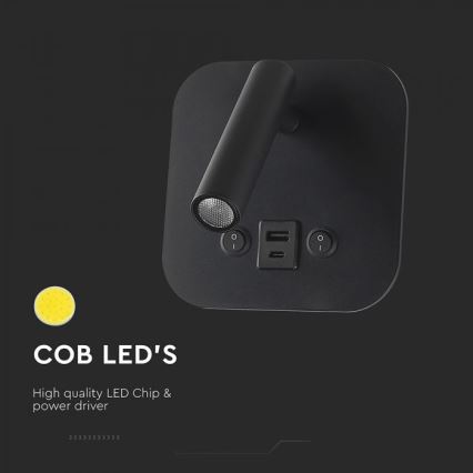 LED sieninis taškinis šviestuvas su USB prievadu LED/8W/230V 3000K juodas