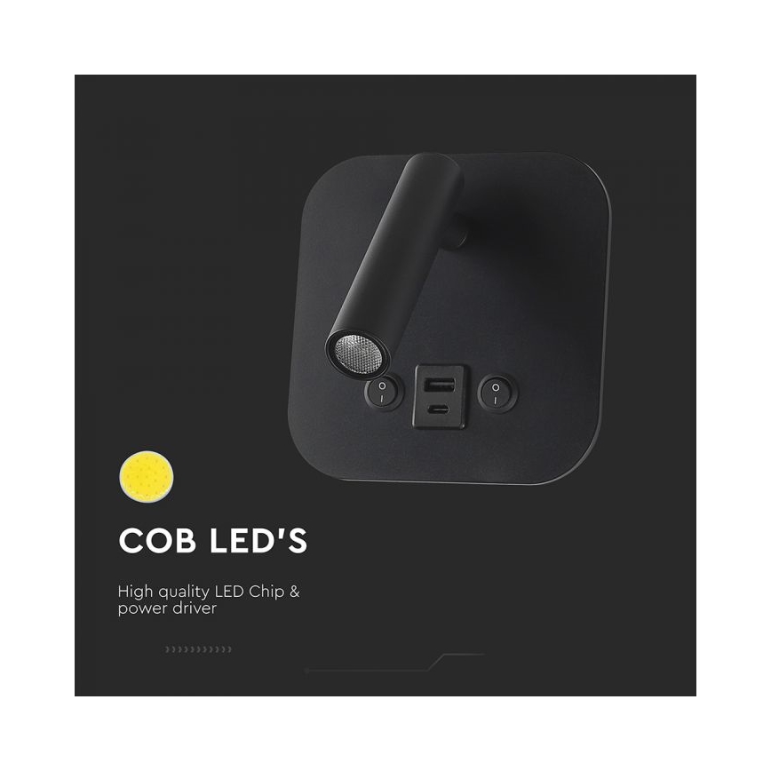LED sieninis taškinis šviestuvas su USB prievadu LED/8W/230V 3000K juodas